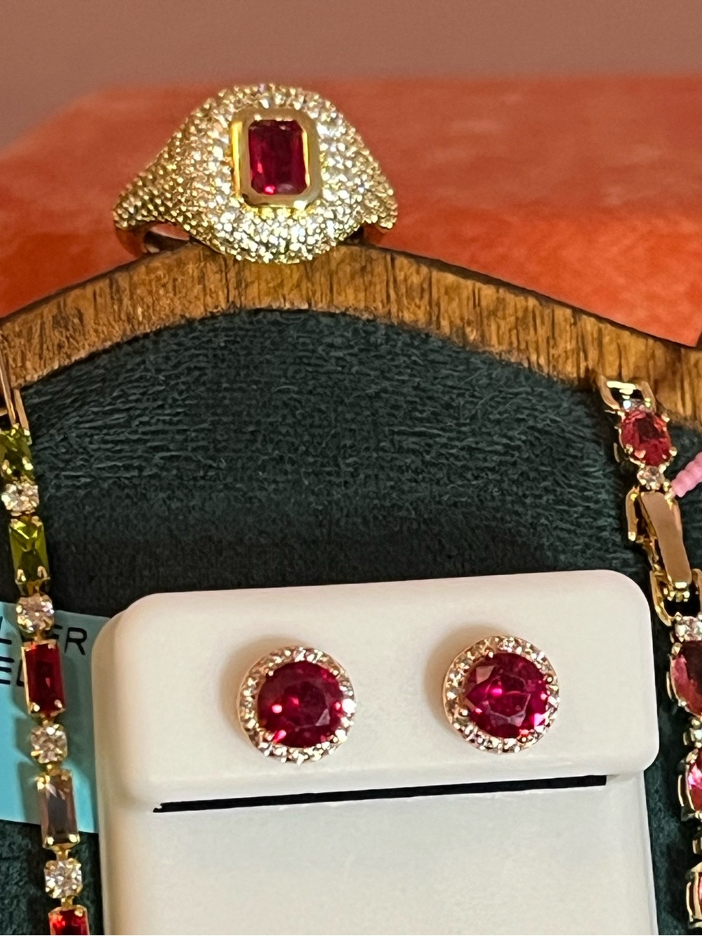 Multi-Gem Necklace, Bracelet, Red Gem Bracelet & Ring, Red Moissanite Earrings - Picture 8 of 9